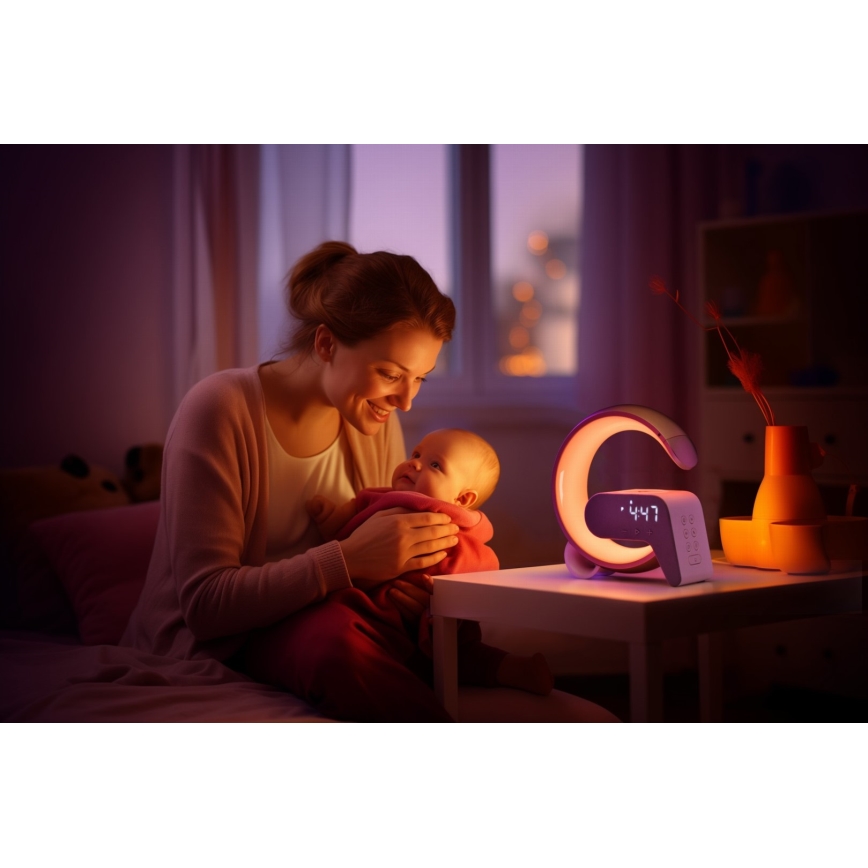 Светодиодная настольная RGB-лампа с регулированием яркости, будильником и Qi зарядкой 30W/230V золотистый