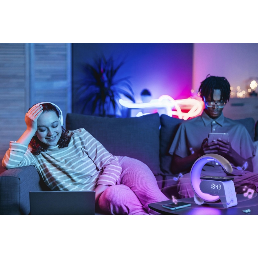 Светодиодная настольная RGB-лампа с регулированием яркости, будильником и Qi зарядкой 30W/230V золотистый
