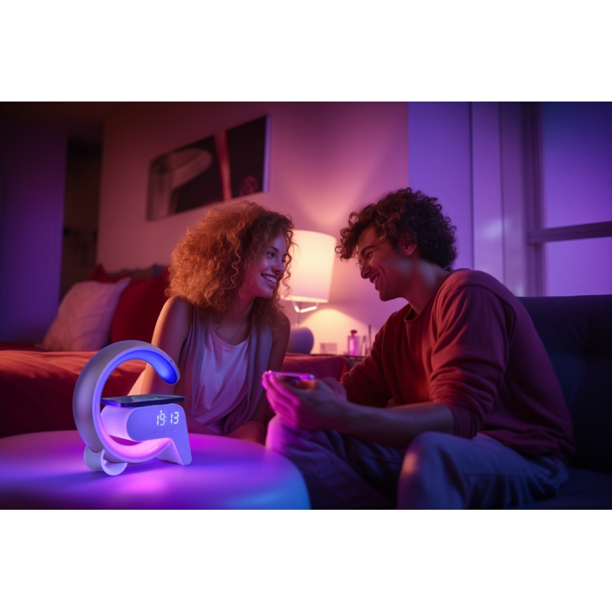 Светодиодная настольная RGB-лампа с регулированием яркости, будильником и Qi зарядкой 30W/230V золотистый