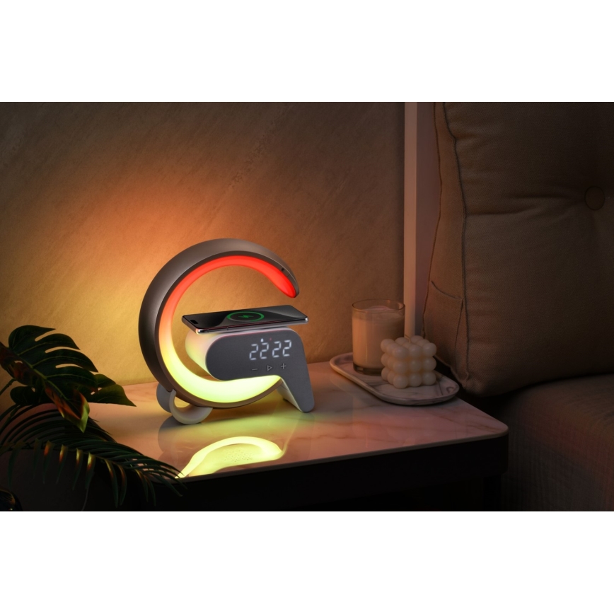 Светодиодная настольная RGB-лампа с регулированием яркости, будильником и Qi зарядкой 30W/230V золотистый