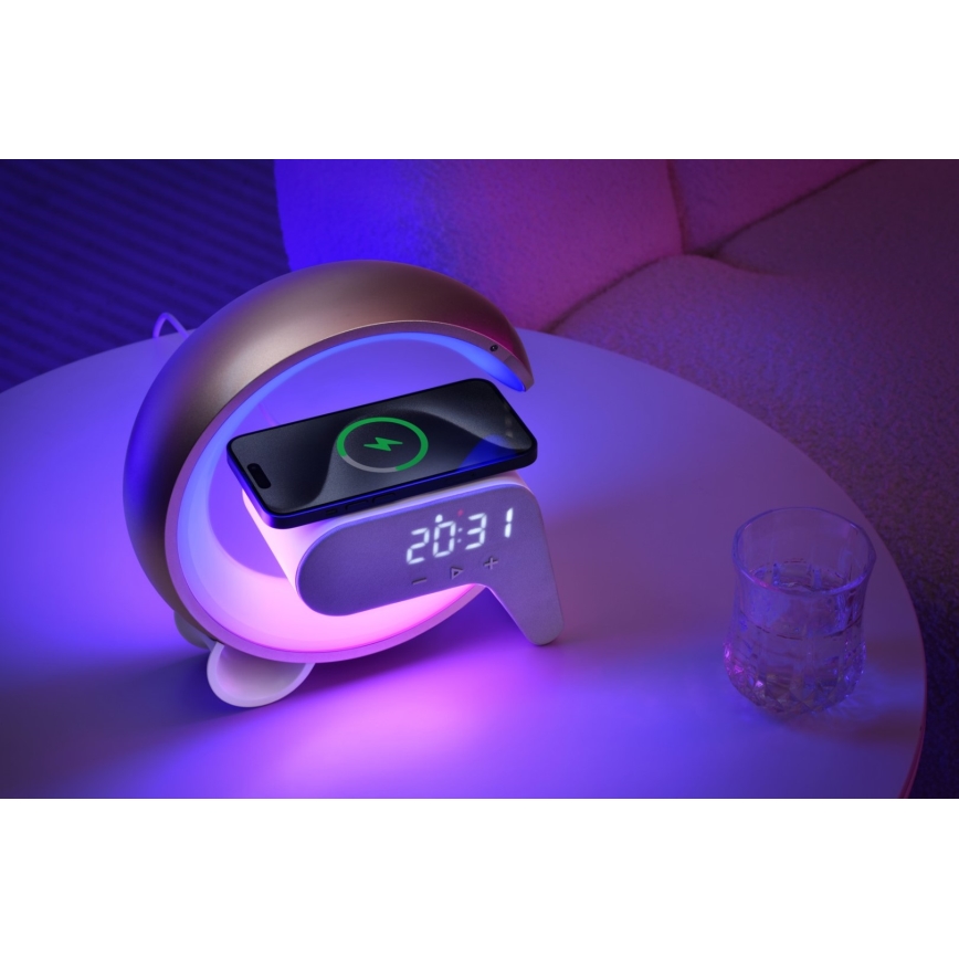Светодиодная настольная RGB-лампа с регулированием яркости, будильником и Qi зарядкой 30W/230V золотистый