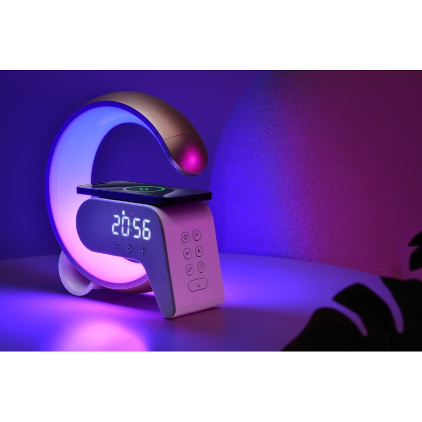 Светодиодная настольная RGB-лампа с регулированием яркости, будильником и Qi зарядкой 30W/230V золотистый
