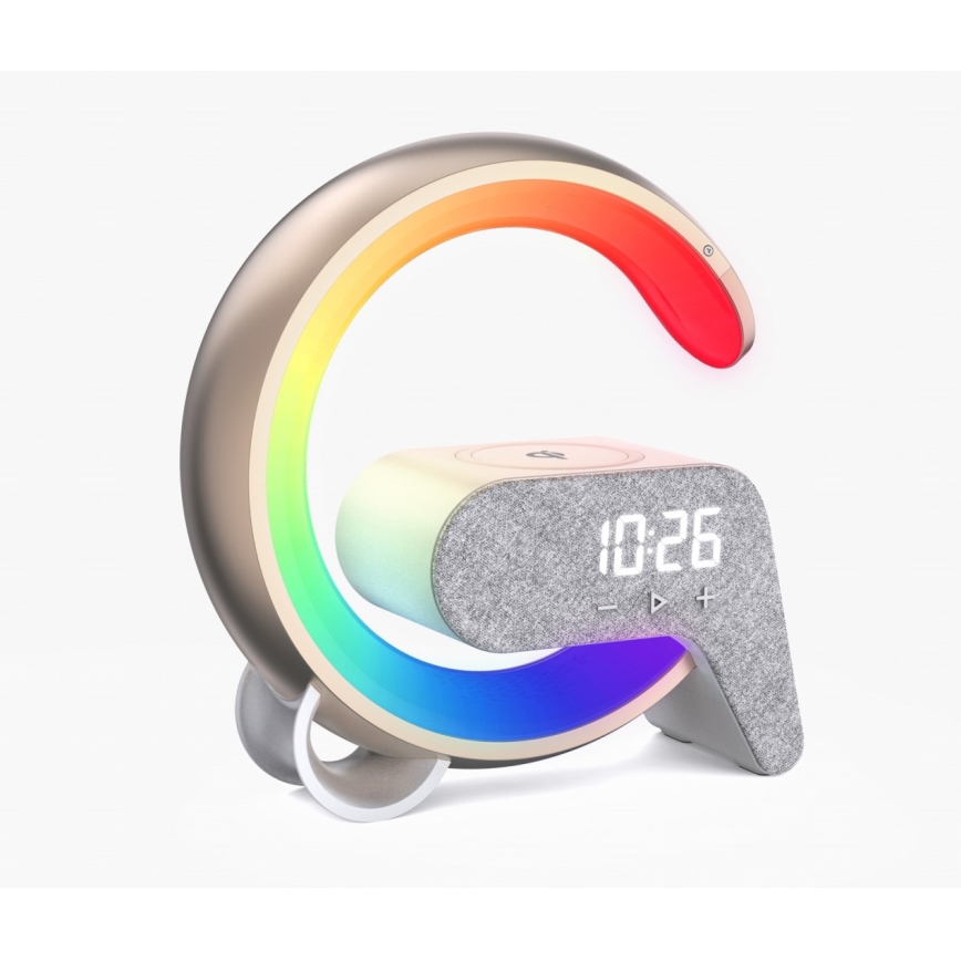 Светодиодная настольная RGB-лампа с регулированием яркости, будильником и Qi зарядкой 30W/230V золотистый