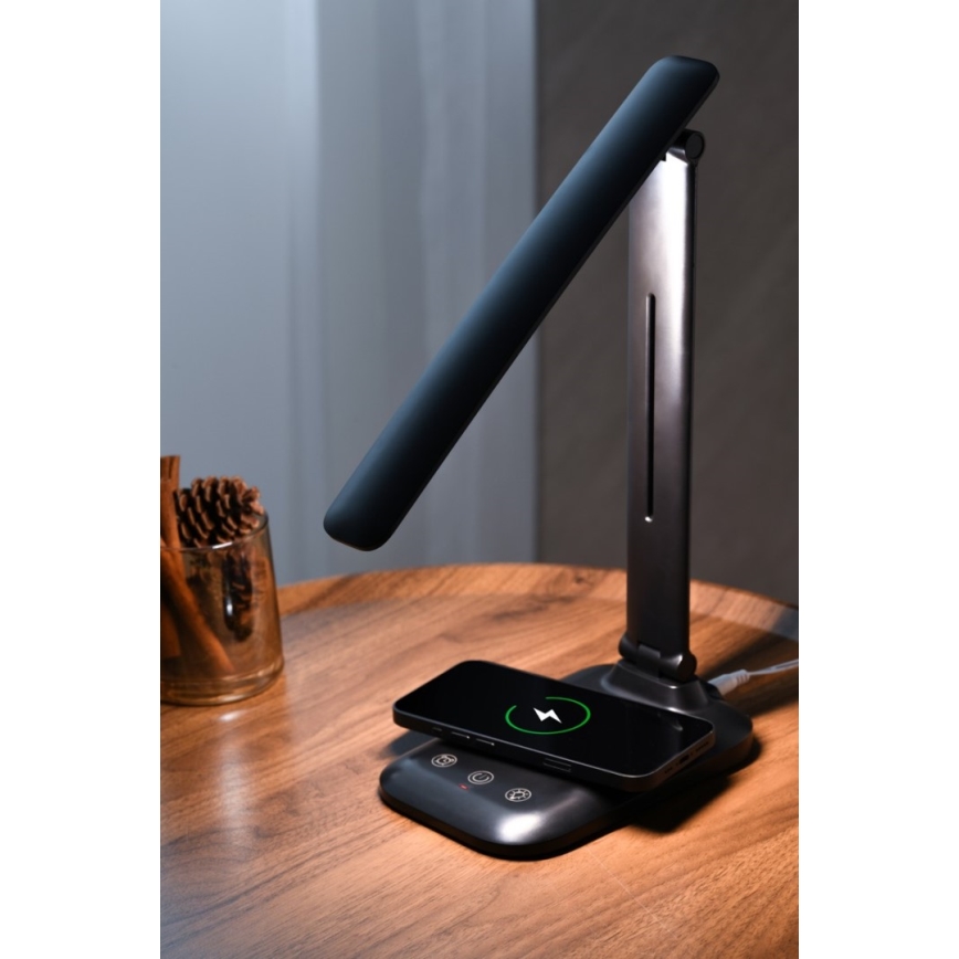 Диммируемая LED настольная лампа с беспроводной зарядкой Qi и USB LUMI LED/7W/230V чёрная