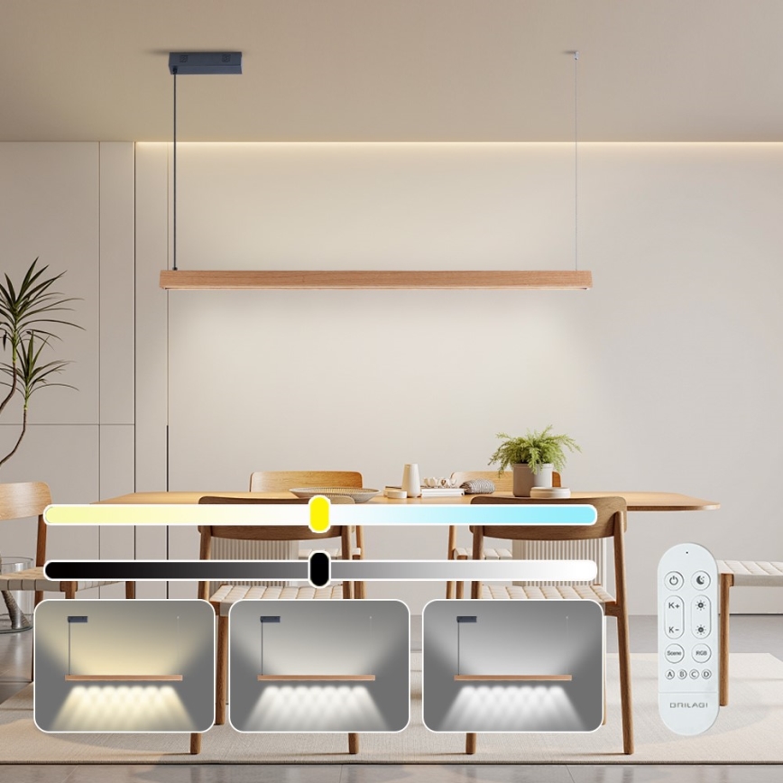 Immax NEO 07303L - підвісна LED-люстра з регулюванням яскравості на тросі MADEIRA LED/26W/230V Wi-Fi Tuya 122 см дуб + пульт дистанційного керування