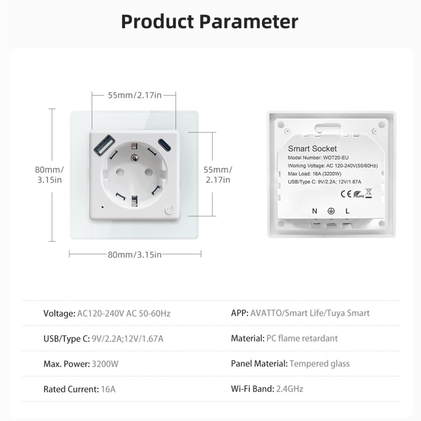 Immax NEO 07544L - Розумна розетка E 16A/230V + 1x USB-A + 1x USB-C PD 20W Wi-Fi