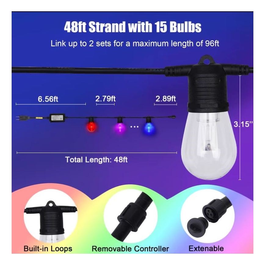 LED RGB+CCT вулична гірлянда з регулюванням яскравості ГІРЛЯНДА 15xLED/1W/230V 15 м Wi-Fi Tuya IP65 + пульт дистанційного керування