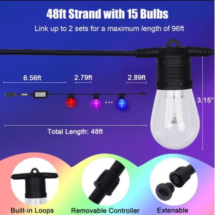 Светодиодная уличная RGB+CCT гирлянда с регулированием яркости GARLAND 15xLED/1W/230V 15 м Wi-Fi Tuya IP65 + дистанционное управление
