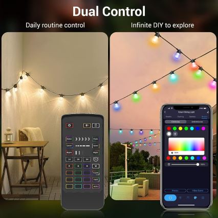 Светодиодная уличная RGB+CCT гирлянда с регулированием яркости GARLAND 15xLED/1W/230V 15 м Wi-Fi Tuya IP65 + дистанционное управление