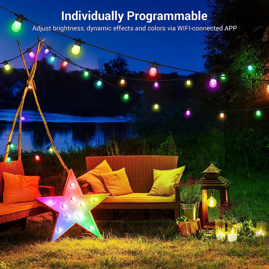 Светодиодная уличная RGB+CCT гирлянда с регулированием яркости GARLAND 15xLED/1W/230V 15 м Wi-Fi Tuya IP65 + дистанционное управление