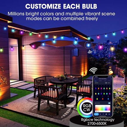 Светодиодная уличная RGB+CCT гирлянда с регулированием яркости GARLAND 15xLED/1W/230V 15 м Wi-Fi Tuya IP65 + дистанционное управление
