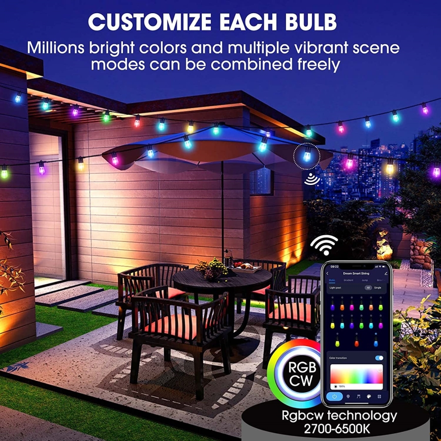 Светодиодная уличная RGB+CCT гирлянда с регулированием яркости GARLAND 15xLED/1W/230V 15 м Wi-Fi Tuya IP65 + дистанционное управление