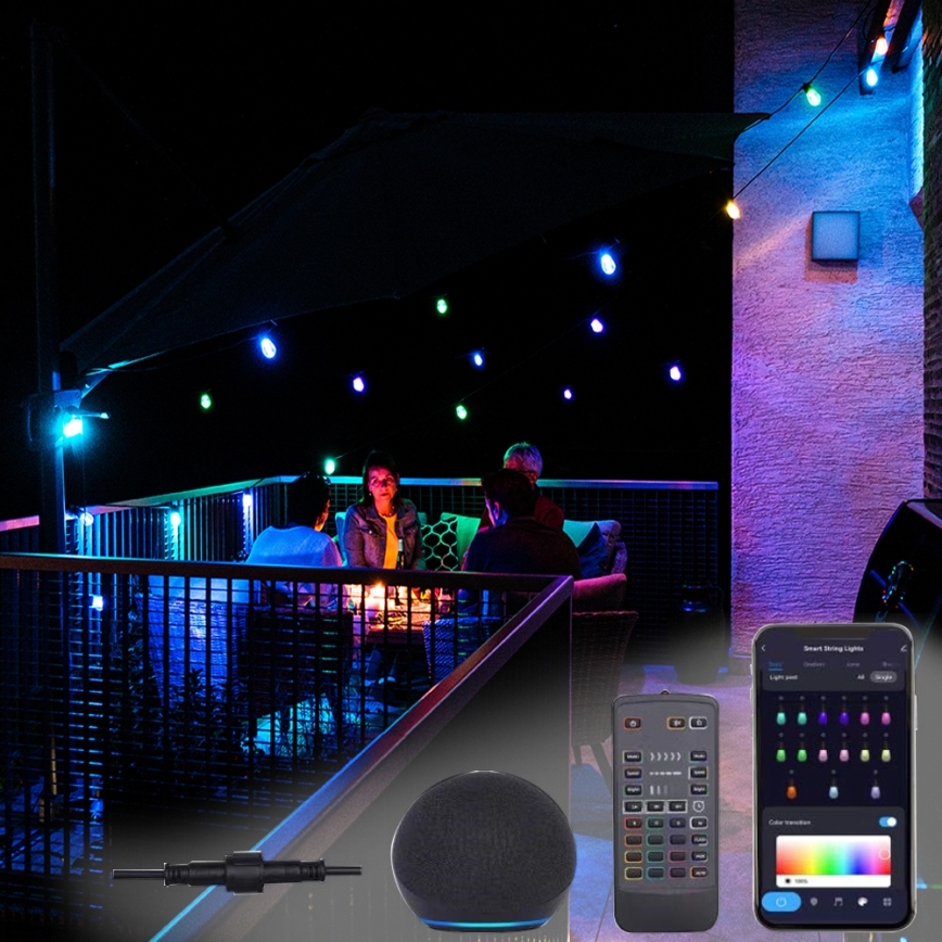 Светодиодная уличная RGB+CCT гирлянда с регулированием яркости GARLAND 15xLED/1W/230V 15 м Wi-Fi Tuya IP65 + дистанционное управление