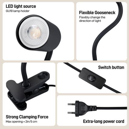 Immax NEO 08293L - Гнучка лампа з кліпсою PUNTO 1xGU10/9W/230V чорна