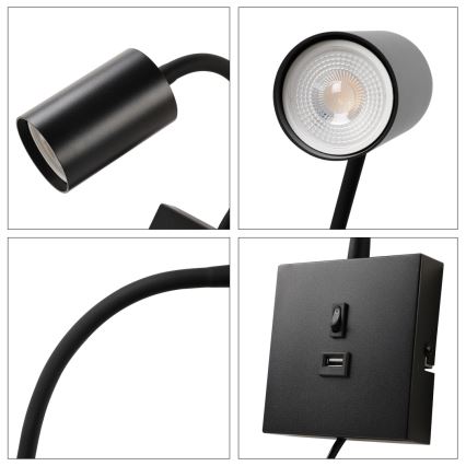Immax NEO 08295L - Настінний світильник PUNTO з USB 1xGU10/9W/230V чорний