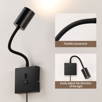 Immax NEO 08295L - Настінний світильник PUNTO з USB 1xGU10/9W/230V чорний