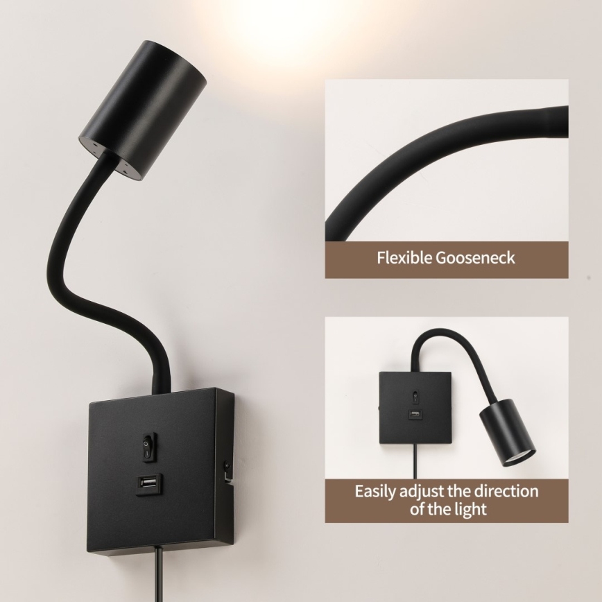 Immax NEO 08295L - Настінний світильник PUNTO з USB 1xGU10/9W/230V чорний