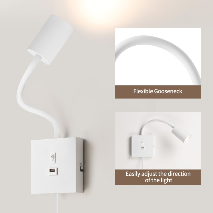 Immax NEO 08296L - Настінний світильник з USB PUNTO 1xGU10/9W/230V білий