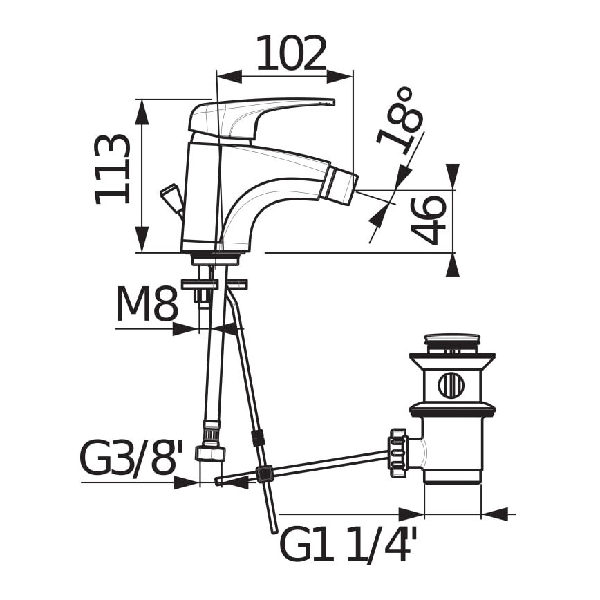JIKA H3411U10041111 - Биде-смеситель с выпуском без перелива DEEP 11,3 см, хром глянцевый