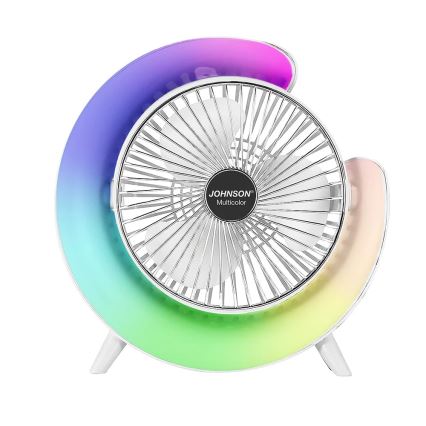 JOHNSON - RGB LED перезаряджуваний настільний вентилятор, багатоколірний LED/5W/3,7V 1200 mAh, діам. 14 cm, білий