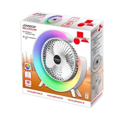 JOHNSON - RGB LED перезаряджуваний настільний вентилятор, багатоколірний LED/5W/3,7V 1200 mAh, діам. 14 cm, білий