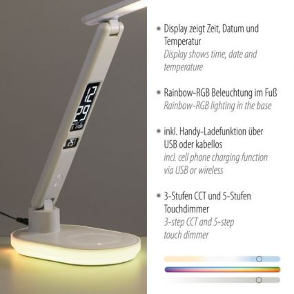 JUST LIGHT. 11018-16 - RGBW LED Touch Desk Lamp with Wireless Charging TINA LED/4W/230V White