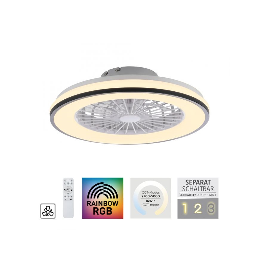 JUST LIGHT. 14447-18 - Светодиодный потолочный RGBW-вентилятор с регулированием яркости со светильником LENO LED/44W/230V 3000-6500K диаметр 48,6 см белый + дистанционное управление