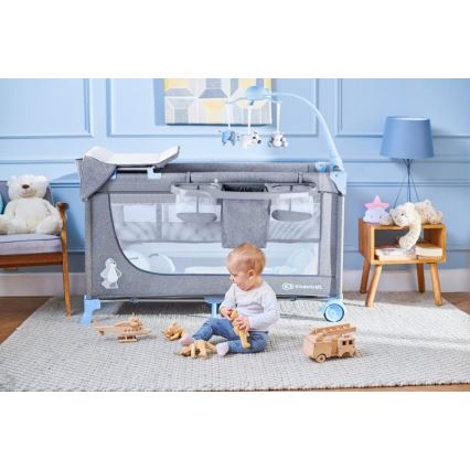 KINDERKRAFT - Дорожная детская кроватка JOY с аксессуарами серо-синий