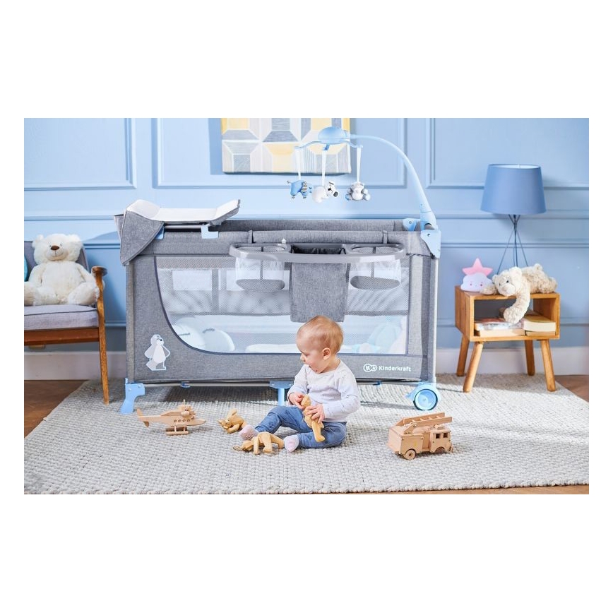 KINDERKRAFT - Дорожная детская кроватка JOY с аксессуарами серо-синий