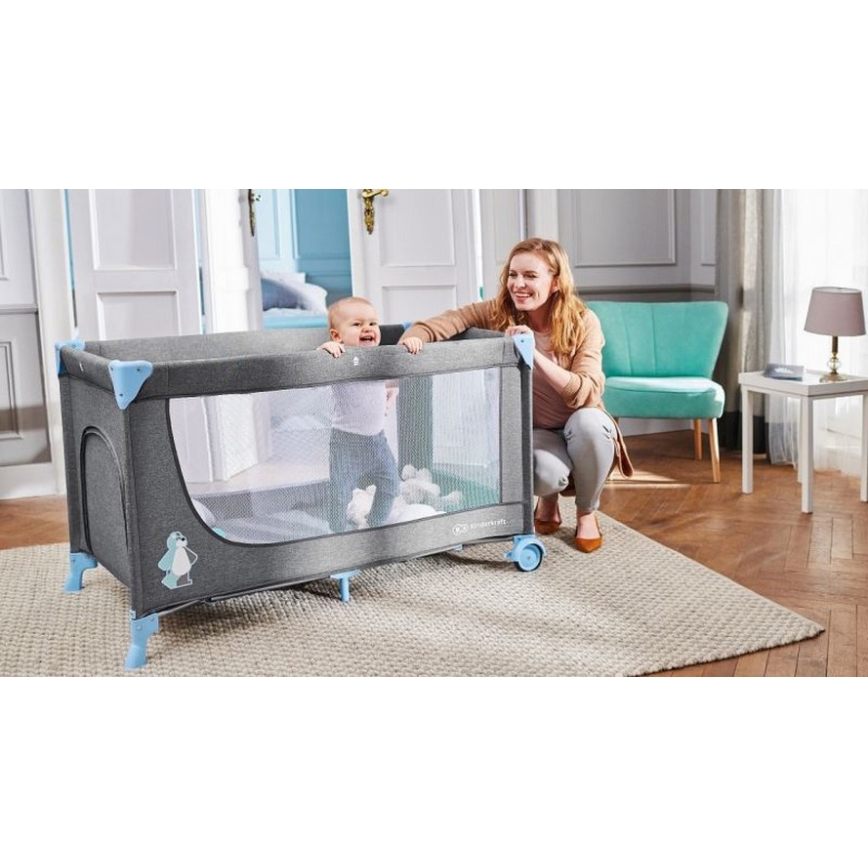 KINDERKRAFT - Дорожнє дитяче ліжечко JOY сіро-синє