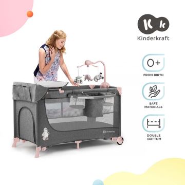 KINDERKRAFT - Переносная детская кроватка JOY с принадлежностями серо-розовая