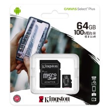 Kingston - Карта памяти MicroSDXC 64 ГБ Canvas Select Plus U1 100 Мб/сек + SD-адаптер