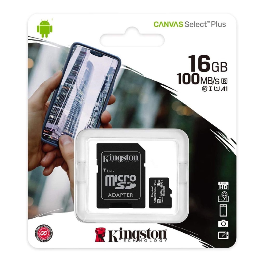 Kingston - Карта пам'яті MicroSDHC 16Гб Canvas Select Plus U1 80Мб/с + SD-адаптер