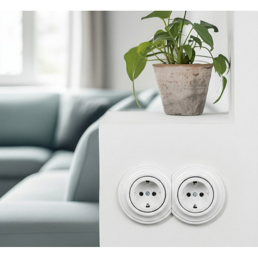 Kliklap - двойная ретро-розетка для дома с рамкой SCHUKO, 230 В, снежно-белая