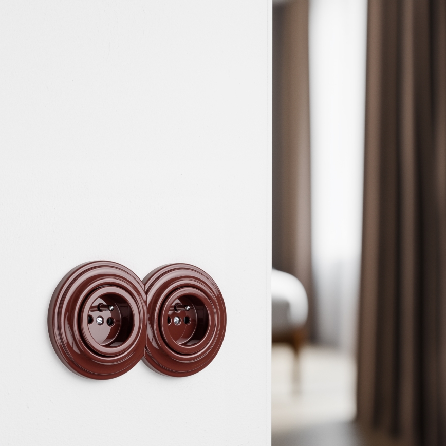 Kliklap - Подвійна ретро-розетка для дому з рамкою, 230 В, коричнева