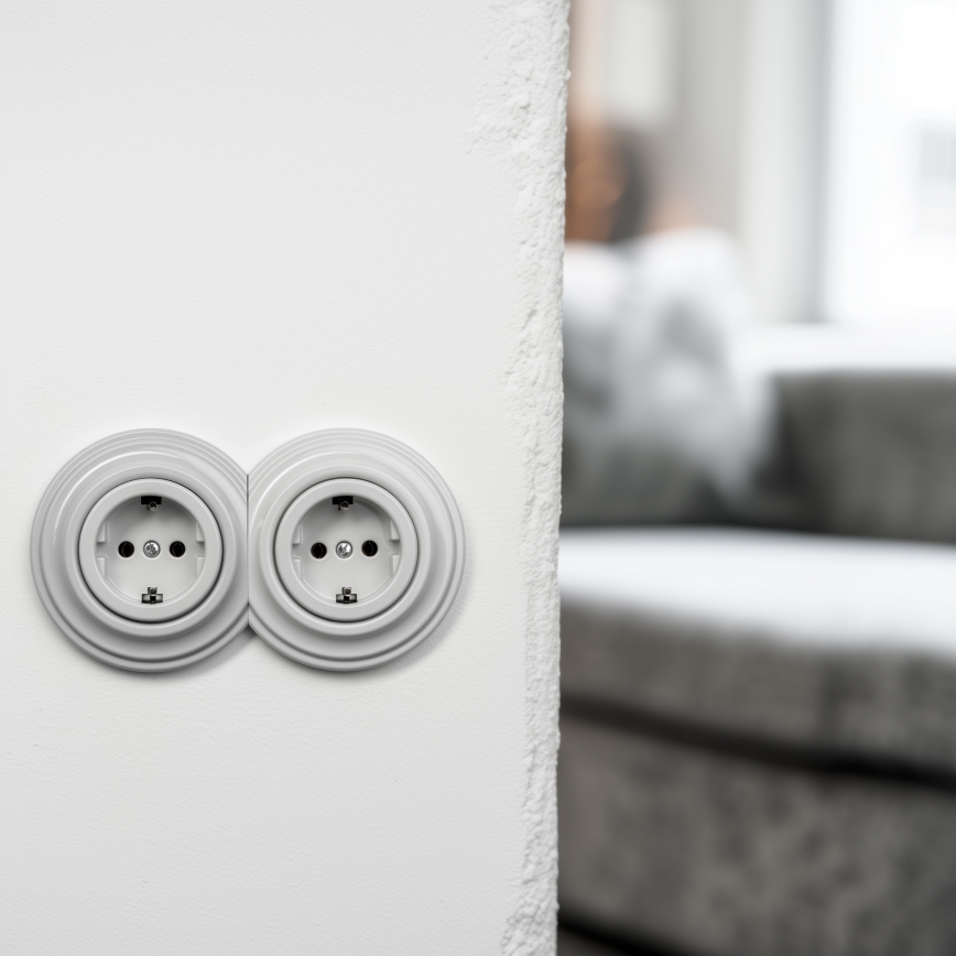 Kliklap - подвійна ретро-розетка для дому зі рамкою SCHUKO 230V/16A керамічна біла