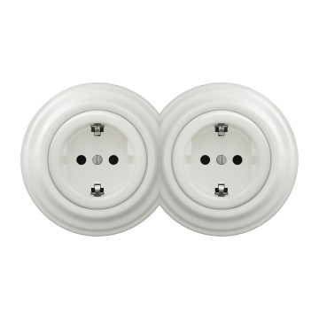 Kliklap - подвійна ретро-розетка для дому зі рамкою SCHUKO 230V/16A керамічна біла