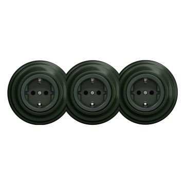 Kliklap - Потрійна побутова ретро-розетка у рамці SCHUKO 230 В зелена