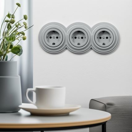 Kliklap - Потрійна ретро-розетка для будинку в рамці SCHUKO 230 В, сіра