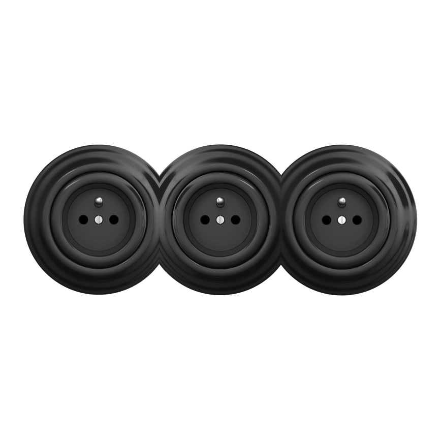 Kliklap - Потрійна ретро-розетка для дому з рамкою, 230 В, чорна
