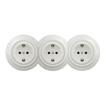 Kliklap - Потрійна ретро-розетка для дому з рамкою SCHUKO 230 В біла
