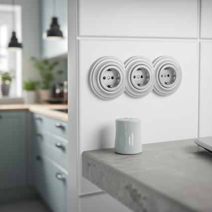 Kliklap - Потрійна ретро-розетка для дому з рамкою SCHUKO 230 В, керамічна, біла
