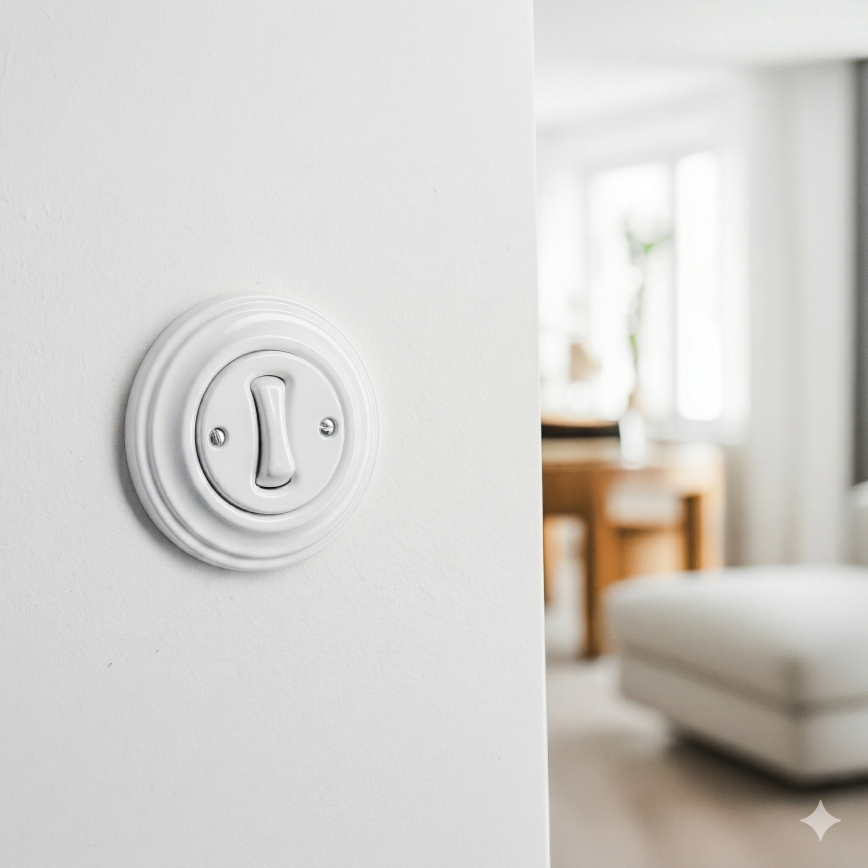 Kliklap - ретро-лестничный выключатель с рамкой № 6, снежно-белый