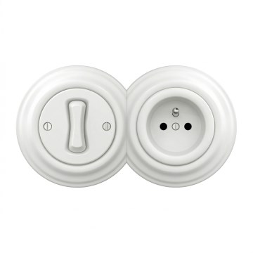 Kliklap - Ретро однополюсний вимикач №1 і розетка 230 В зі сніжно-білою рамкою