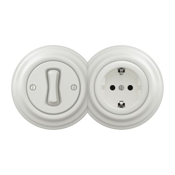 Kliklap - ретро однополюсний вимикач №1 і розетка SCHUKO 230 В із білою керамічною рамкою
