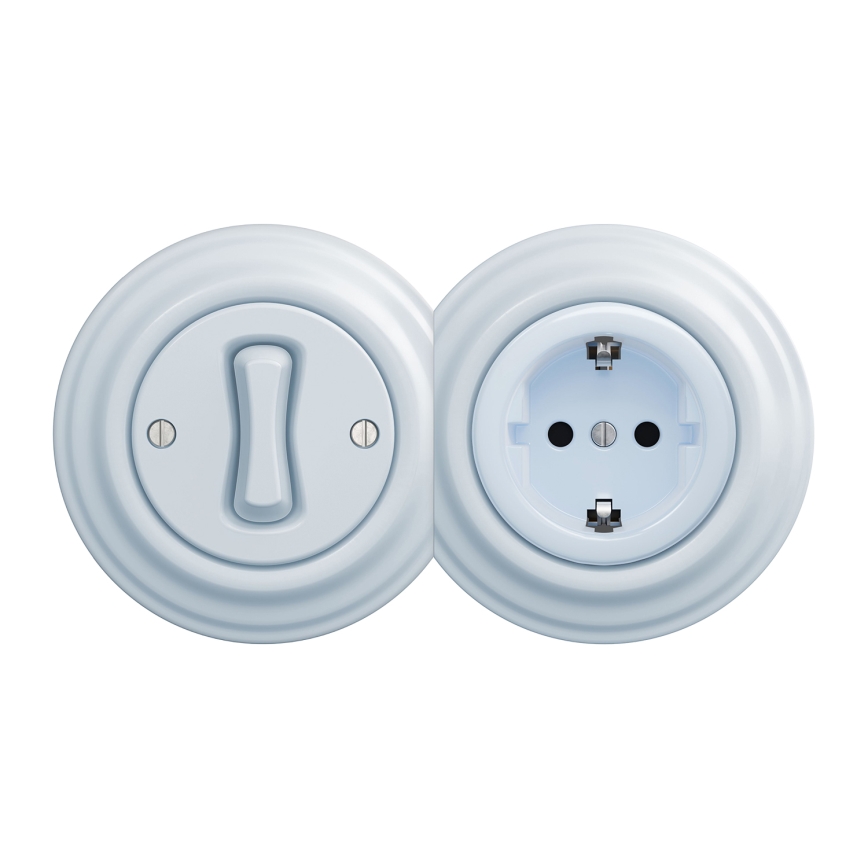 Kliklap - Ретро однополюсний вимикач №1 та розетка SCHUKO 230V у синій рамці