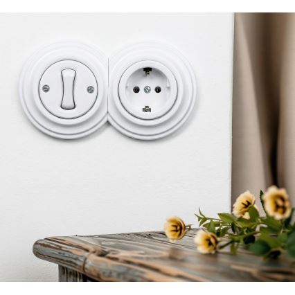 Kliklap - Ретро однополюсный выключатель №1 и розетка SCHUKO 230 В в снежно-белой рамке