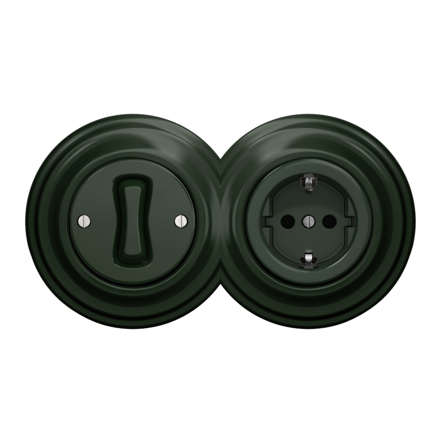 Kliklap - Ретро однополюсный выключатель № 1 и розетка SCHUKO 230 В в зелёной рамке