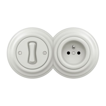 Kliklap - Ретро однополюсный выключатель №1 и розетка 230 В с рамкой, белая