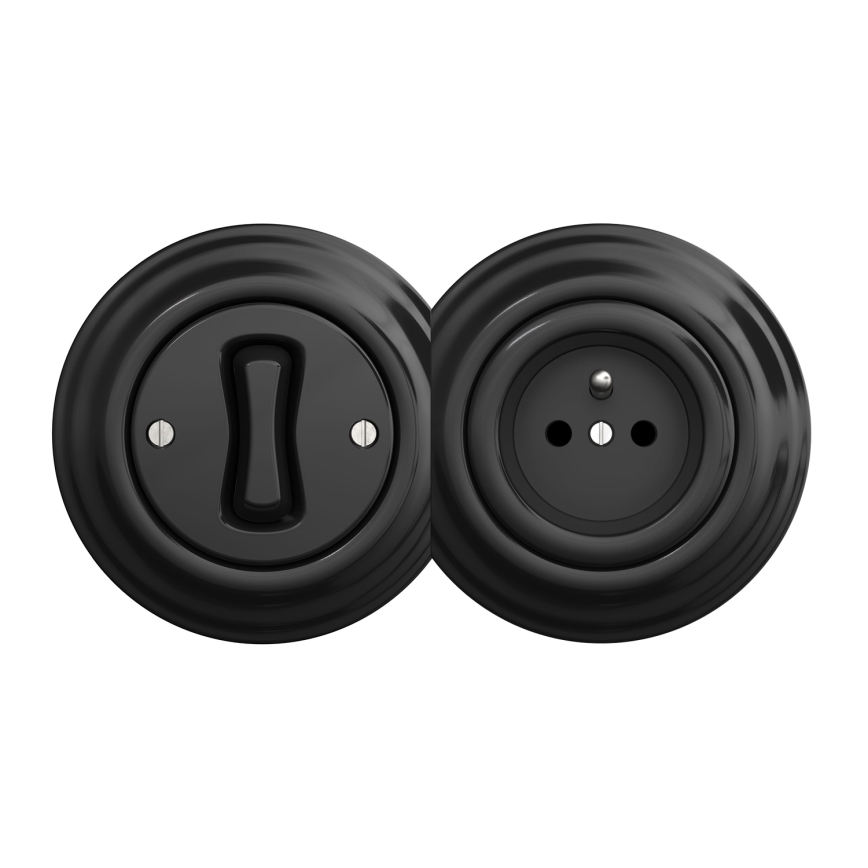 Kliklap - Ретро однополюсный выключатель №1 и розетка 230 В с рамкой, чёрный